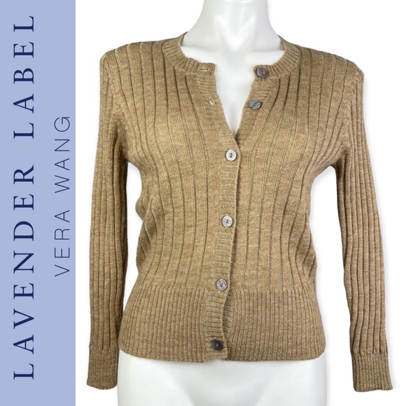 Vera Wang Lavender Label Camel Crewneck Ribbed Wool Alpaca Cardigan Sweater S - Picture 3 of 16